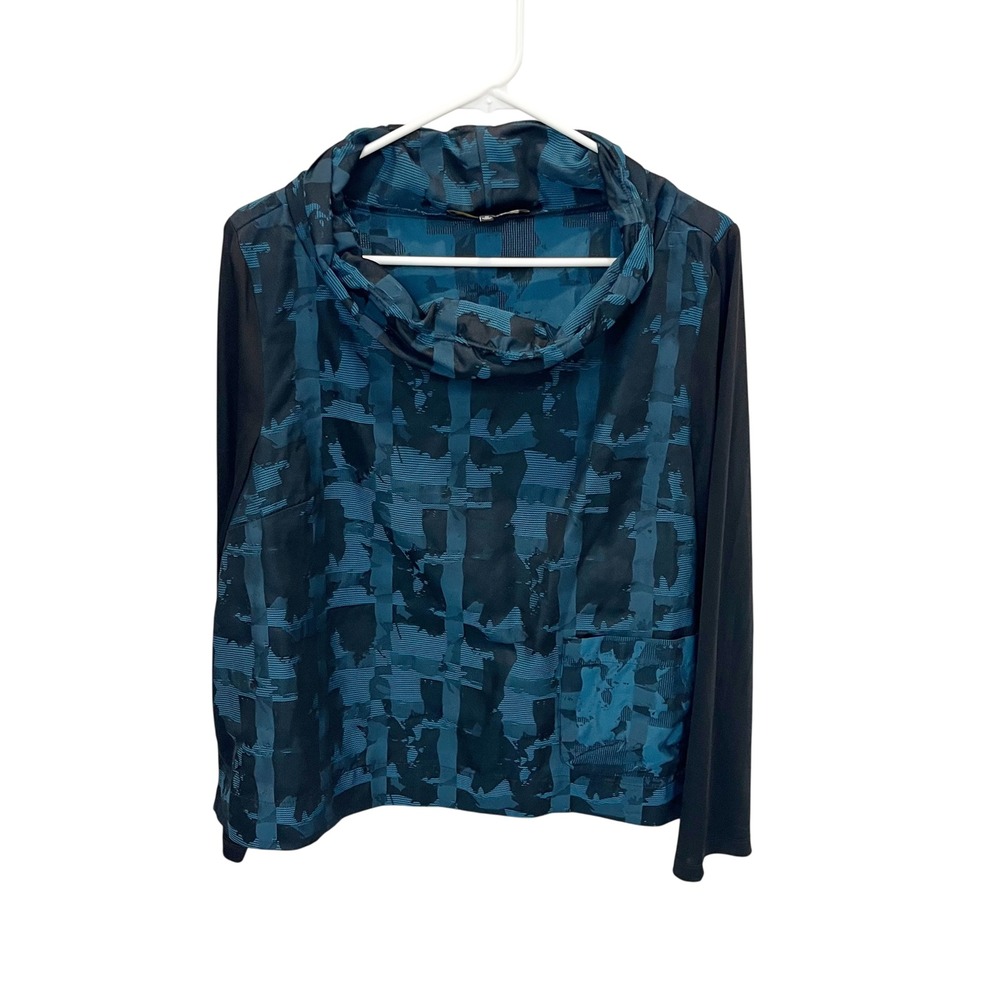 Liv by Habitat Teal Black Abstract Jacquard Collared Top Artsy Lagenlook MEDIUM